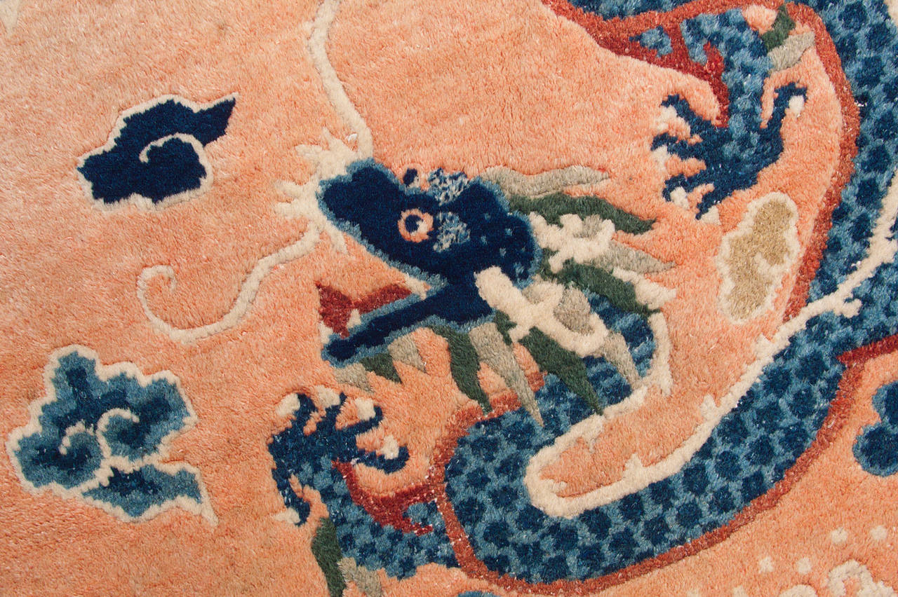 ***SUMMER SALE***
This antique Chinese dragon rug depicts 5 five-clawed dragons on an apricot coloured field.

At the centre of this well-balance piece is a powerful dragon playing with the wish fulfilling pearl, surrounded by four other playful