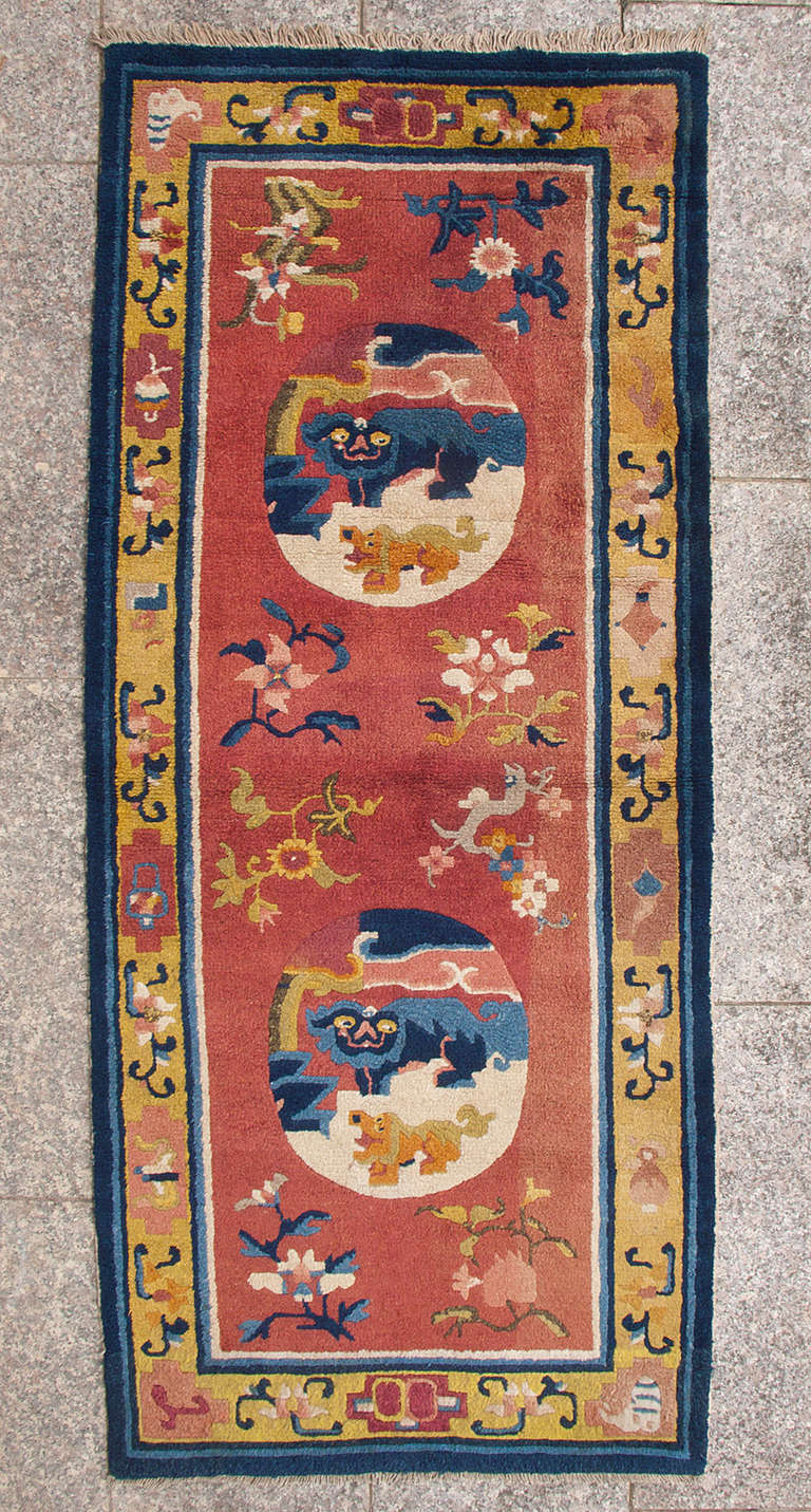 Antique Ningxia Temple Runner with Temple Lion Foo Dogs