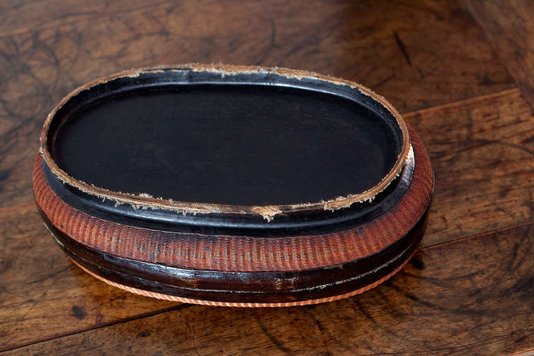 18th Century and Earlier Chinese Ming Dynasty Black Lacquer and Basket Weave Oval Box Container For Sale