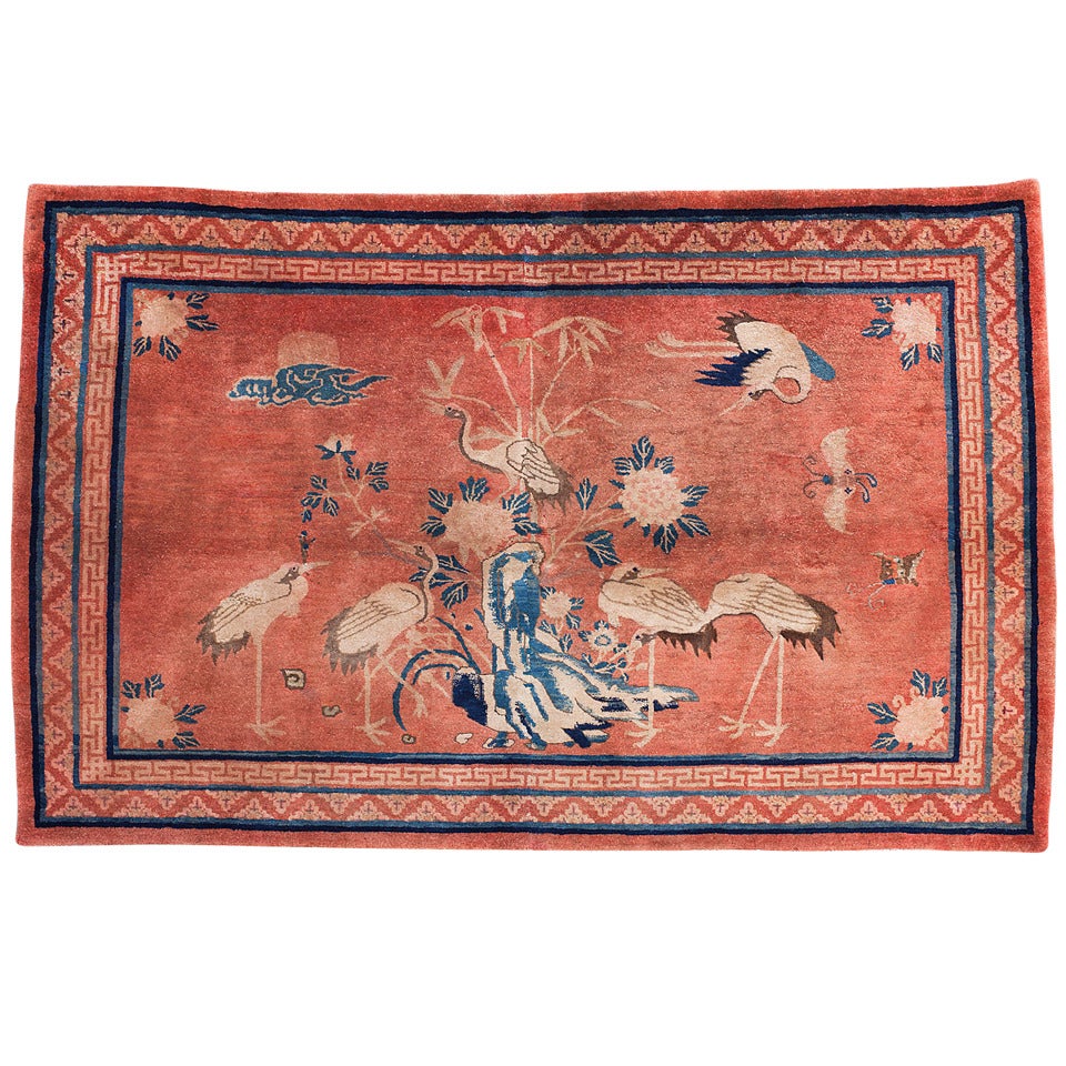 Antique Baotou Inner Mongolian Pictorial Rug with Cranes For Sale