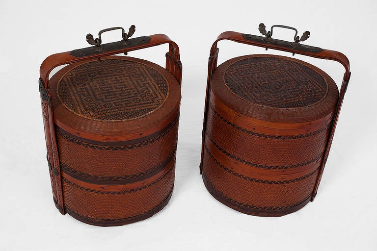 ******End of summer sale******
This pair of 19th century wedding baskets from Zhejiang province has been made with a lot of love for details. 

The two-tier baskets are finely woven from rattan and set in a bamboo frame decorated with the original