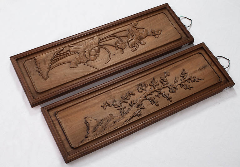 Pair of Antique Chinese Architectural Woodcarving Panels Lotus and Peony In Excellent Condition For Sale In Seeshaupt, DE