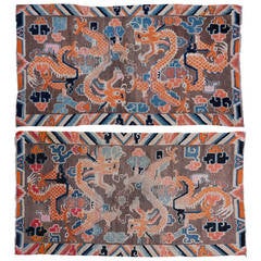 Pair of Charming Antique Tibetan Double Dragon Khaden Rugs