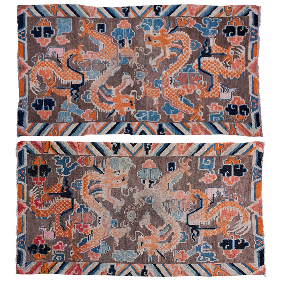 Pair of Charming Antique Tibetan Double Dragon Khaden Rugs For Sale