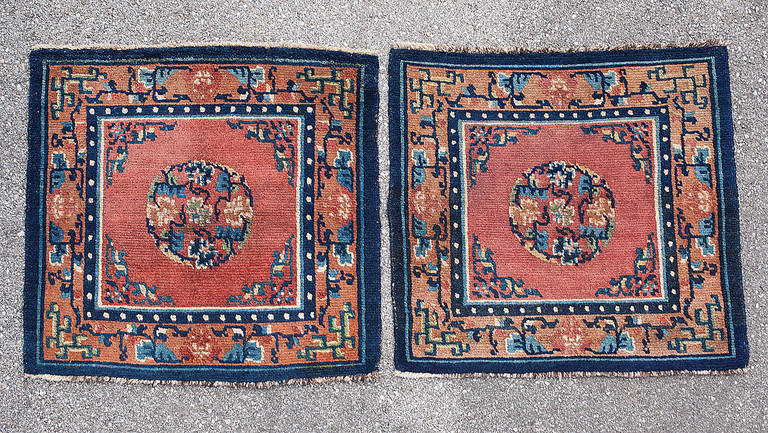 Pair of Antique Tibetan Monks Meditation Seat Square Rugs