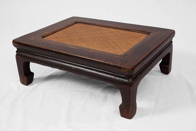 Elegant Antique Elm Wood Chinese Footrest Low Table with Soft Cane Top