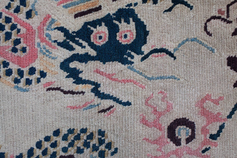 Chinese Unusual Antique Tibetan Dragon Phoenix Khaden Rug All-Over Pattern For Sale
