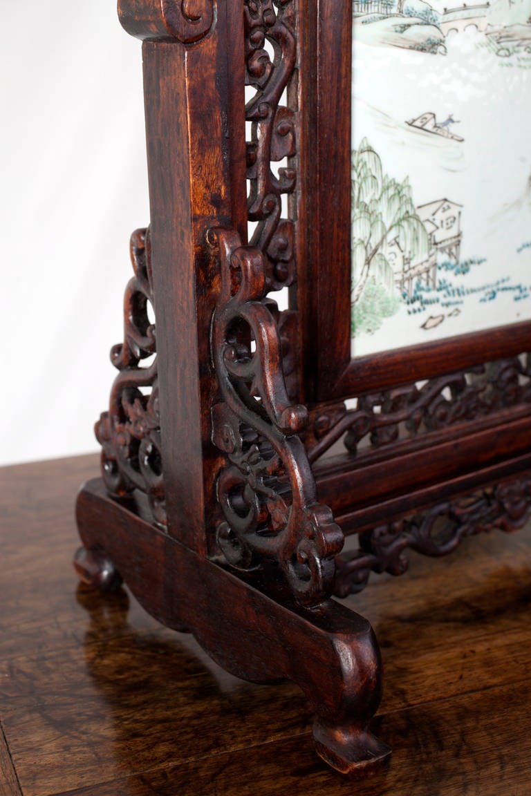 20th Century Antique Chinese Porcelain and Rosewood Table Screen