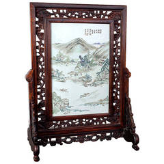 Antique Chinese Porcelain and Rosewood Table Screen