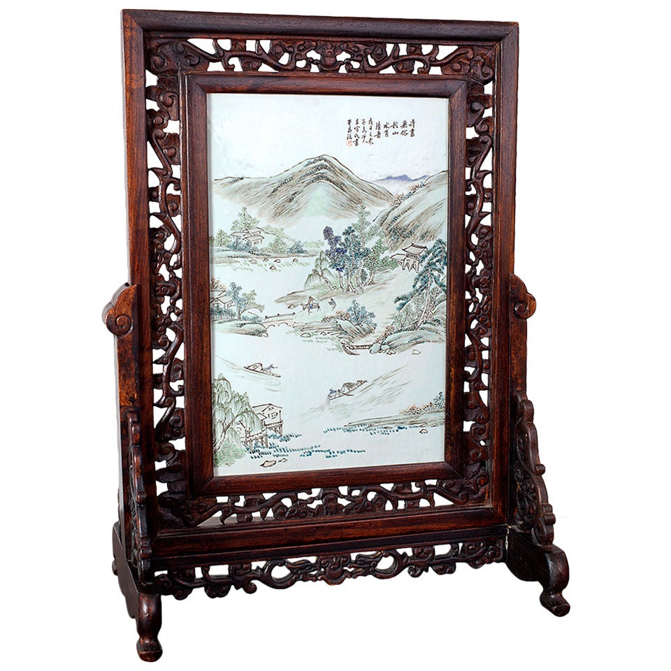 Antique Chinese Porcelain and Rosewood Table Screen