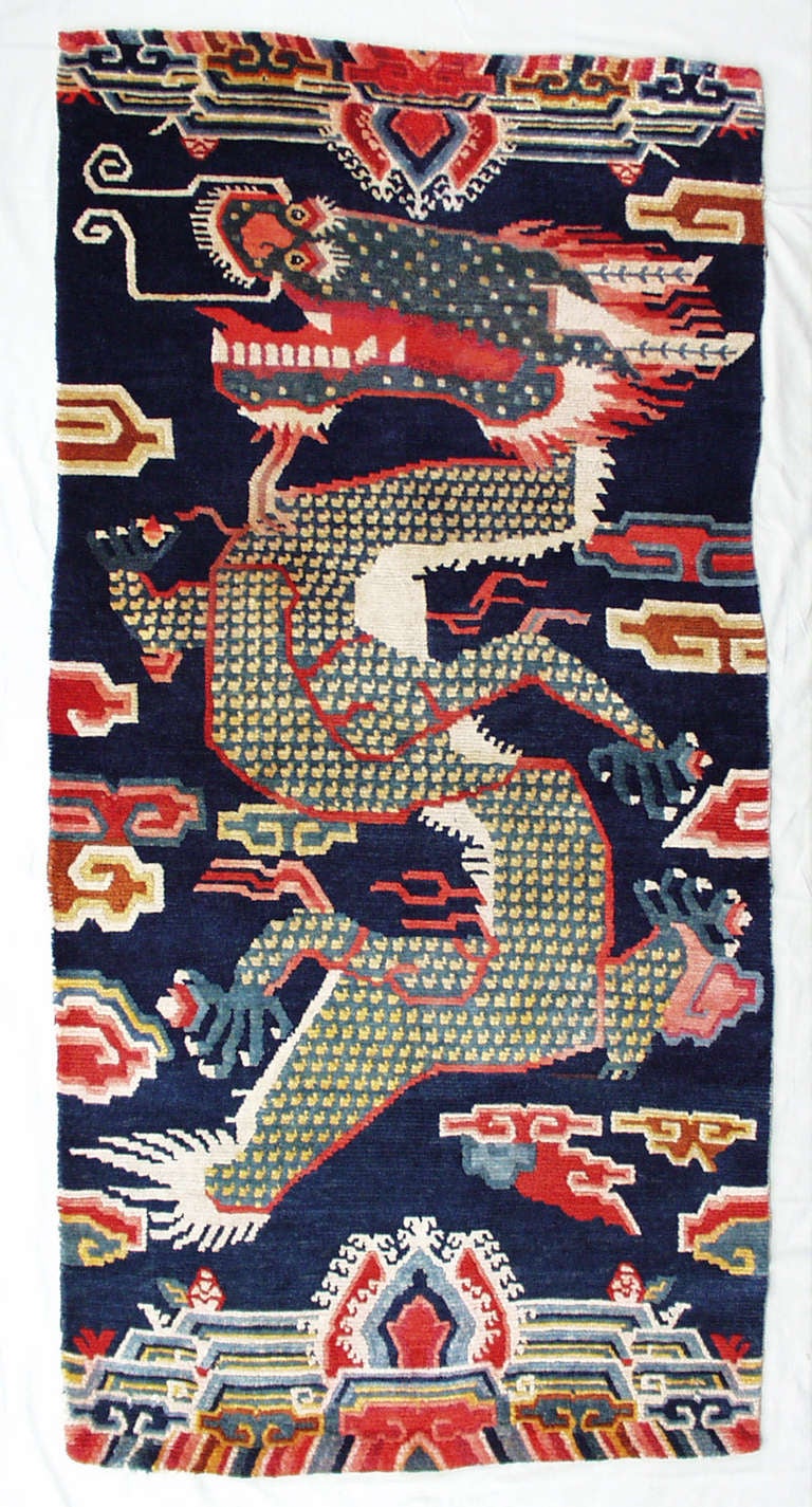 Antique Tibetan Dragon Pillar Rug, Rare Woven Jewel