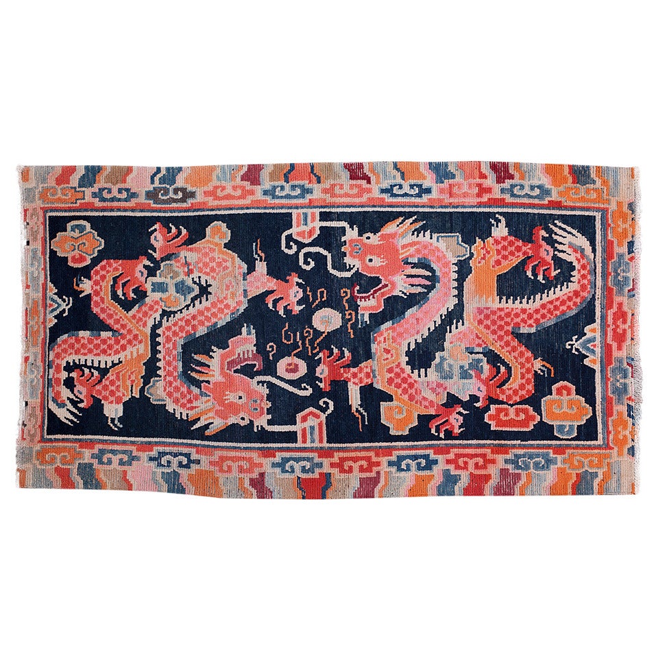 Antique Tibetan Double Dragon Rug Khaden Mat for Collectors For Sale
