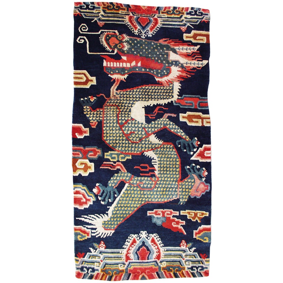 Antique Tibetan Dragon Pillar Rug, Rare Woven Jewel For Sale