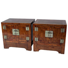 Antique Pair of Simple and Elegant 18th Century Chinese Walnut Wood Low Cabinets