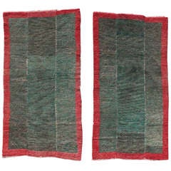 Pair Of Green Minimalist Modernist Antique Tibetan Tsutruk Rugs