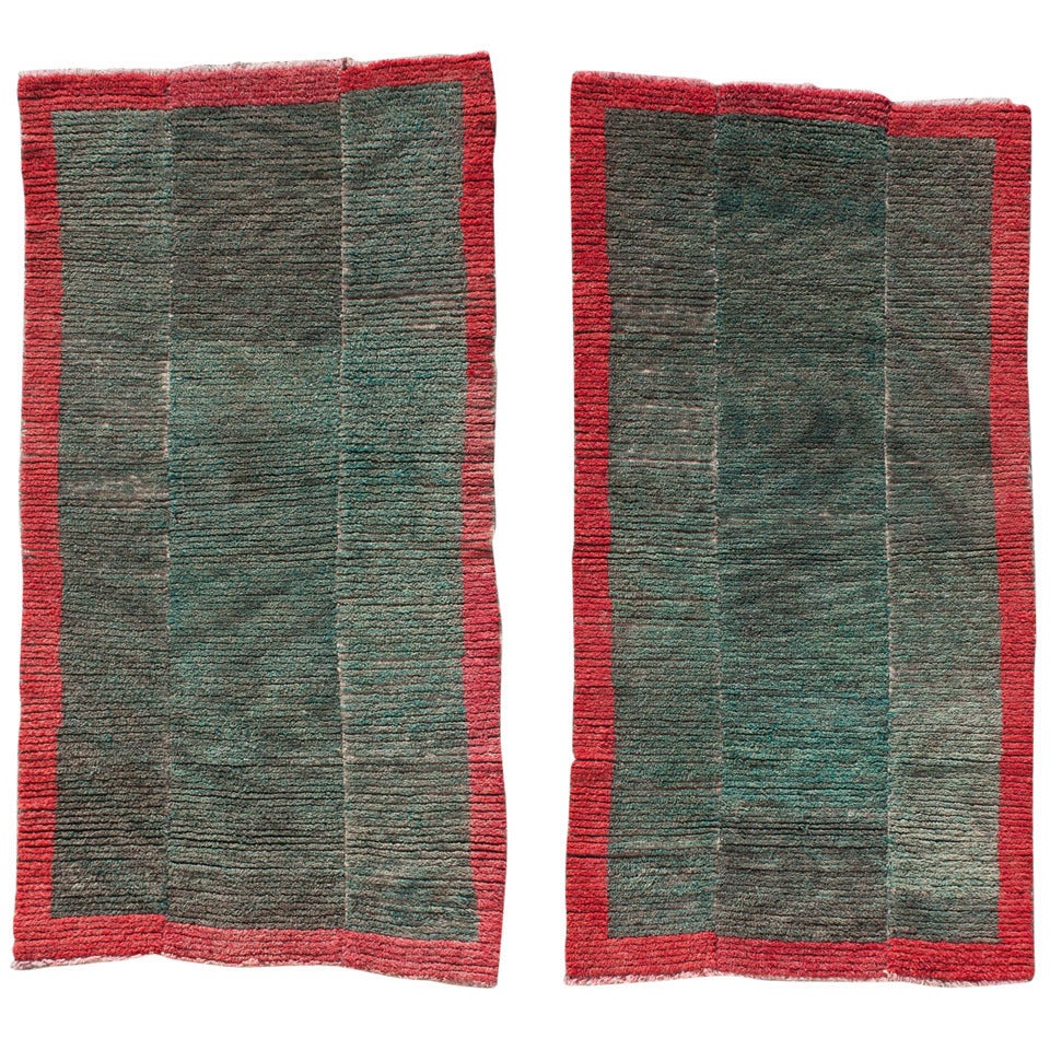 Pair Of Green Minimalist Modernist Antique Tibetan Tsutruk Rugs For Sale