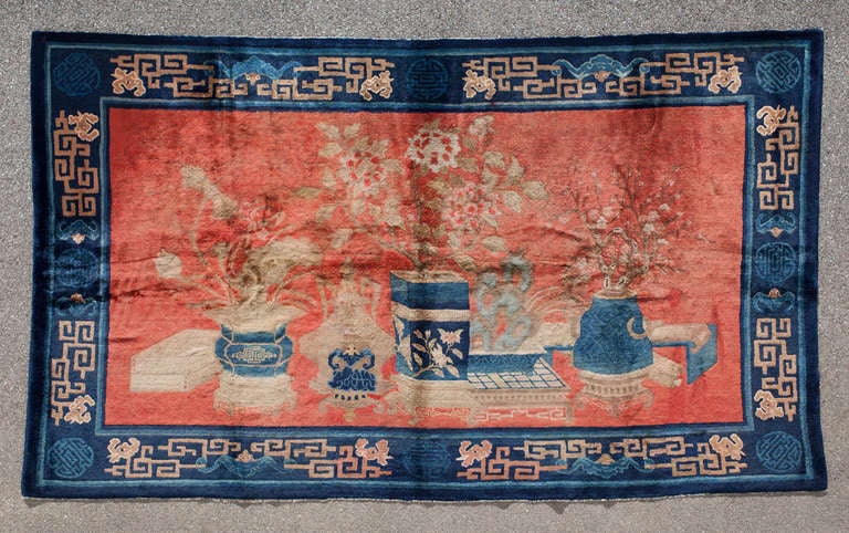 Antique Chinese Baotou Pictorial Wedding Area Rug with Vase Design