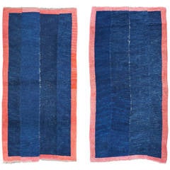 Pair of Antique Blue and Red Tibetan Nomadic Minimalist Rugs
