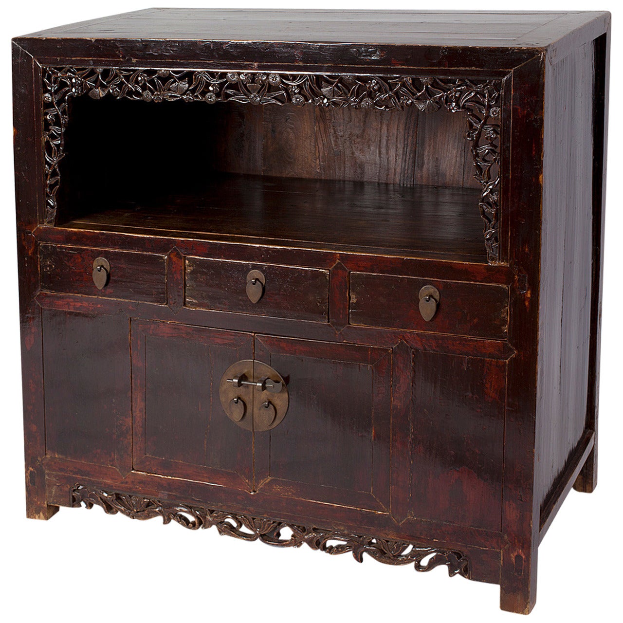 Charming antique Chinese Elm Wood Low Kang Cabinet with Carving For Sale