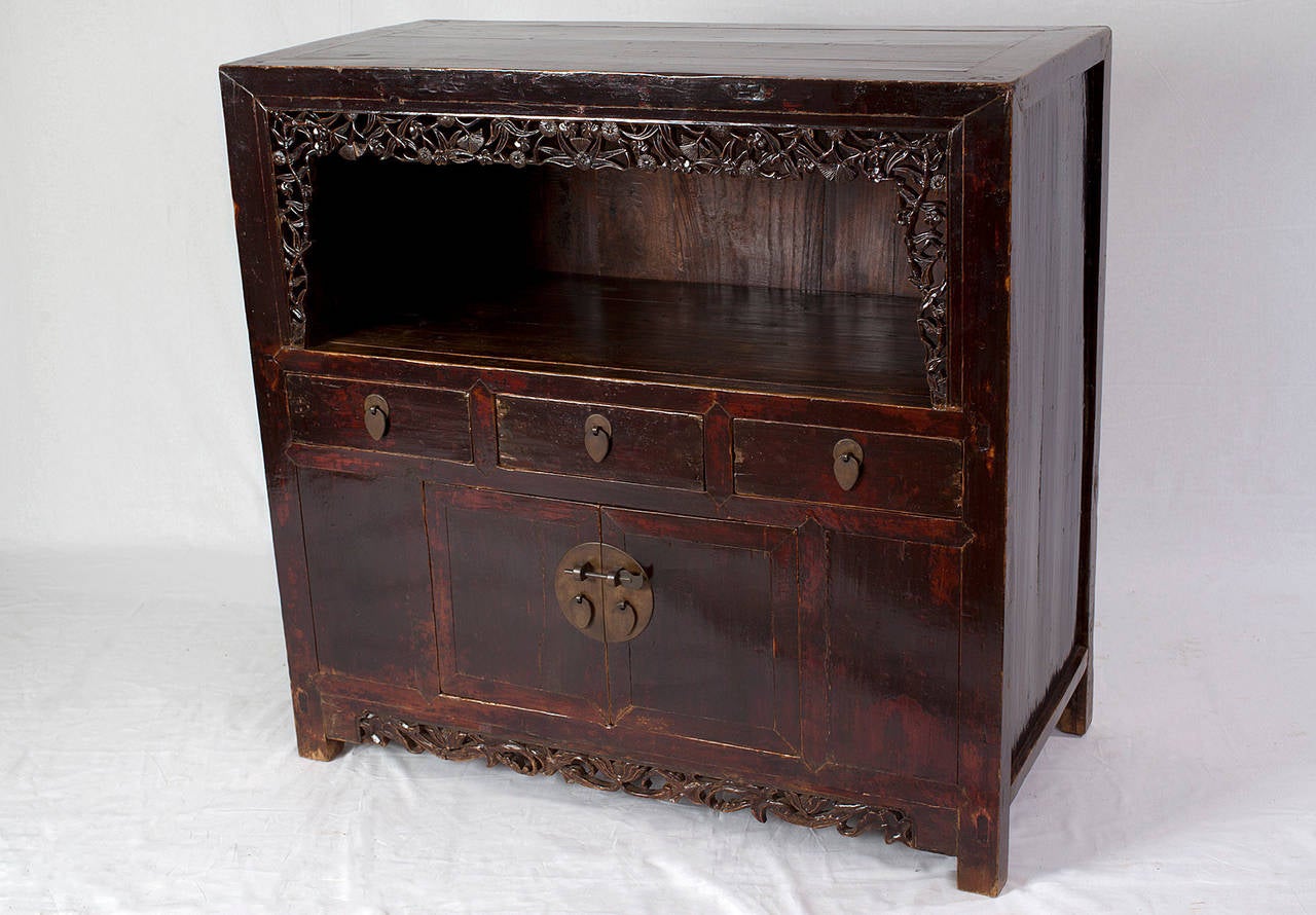 Charming antique Chinese Elm Wood Low Kang Cabinet with Carving