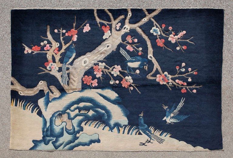 Antique Chinese Baotou Pictorial Rug with Birds - Landscape Design