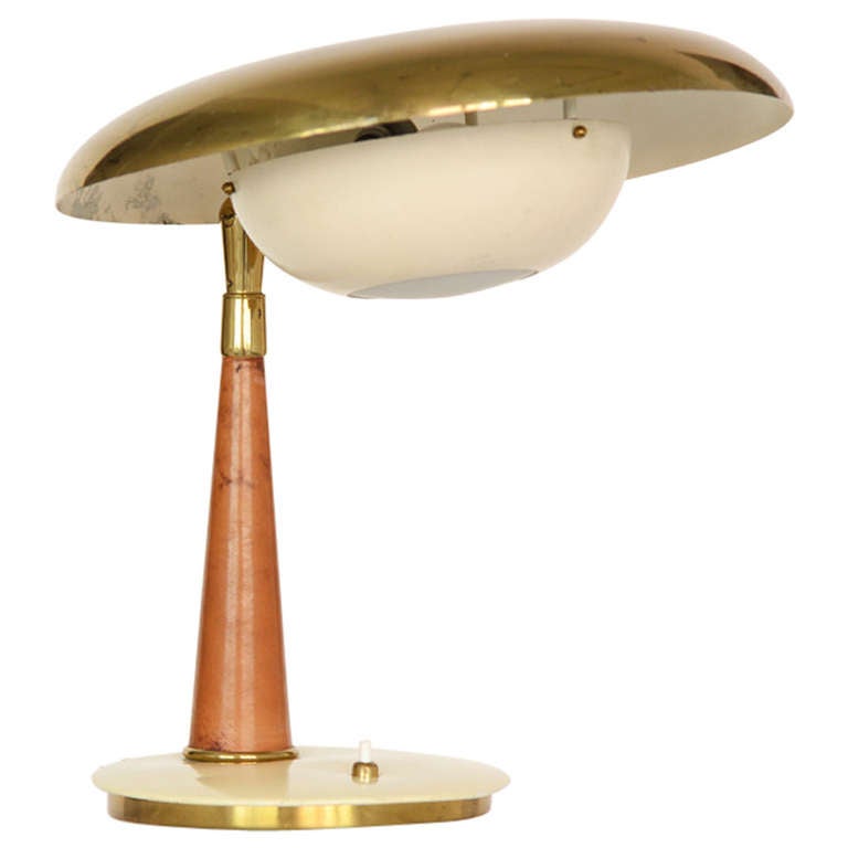 Angelo Lelli Table Lamp for Arredoluce in Brass and Leather