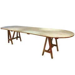 An Old French Trestle Table With Its Original White And Red Paint.