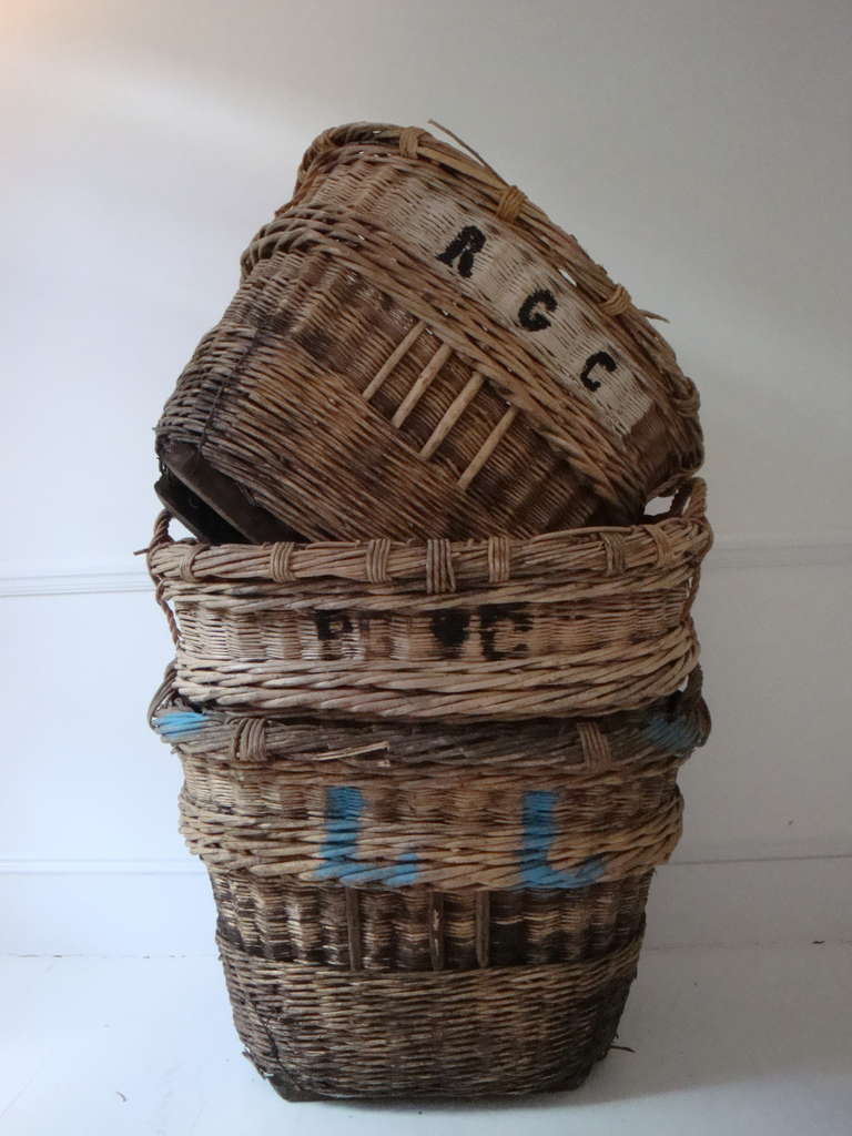Large vineyard baskets from the Champagne area in France, woven in the traditional local design. Very sturdy and ideal for storing logs