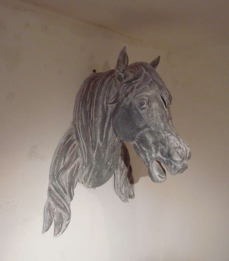 19th century French zinc horses head with remains of old paint from the exterior of a Boucherie Chevaline
