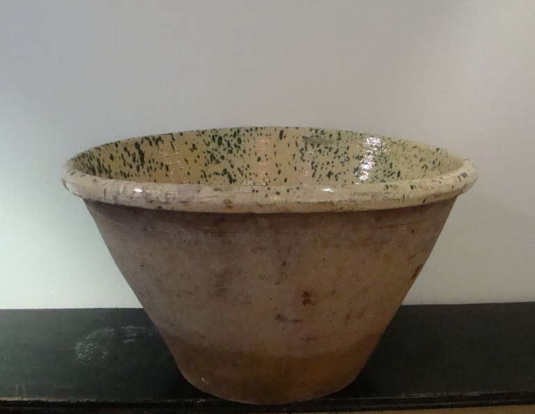 19th century Italian terracotta bowls with `splatter`glaze. Used for mixing and proving dough in the bread making process and for marinating olives