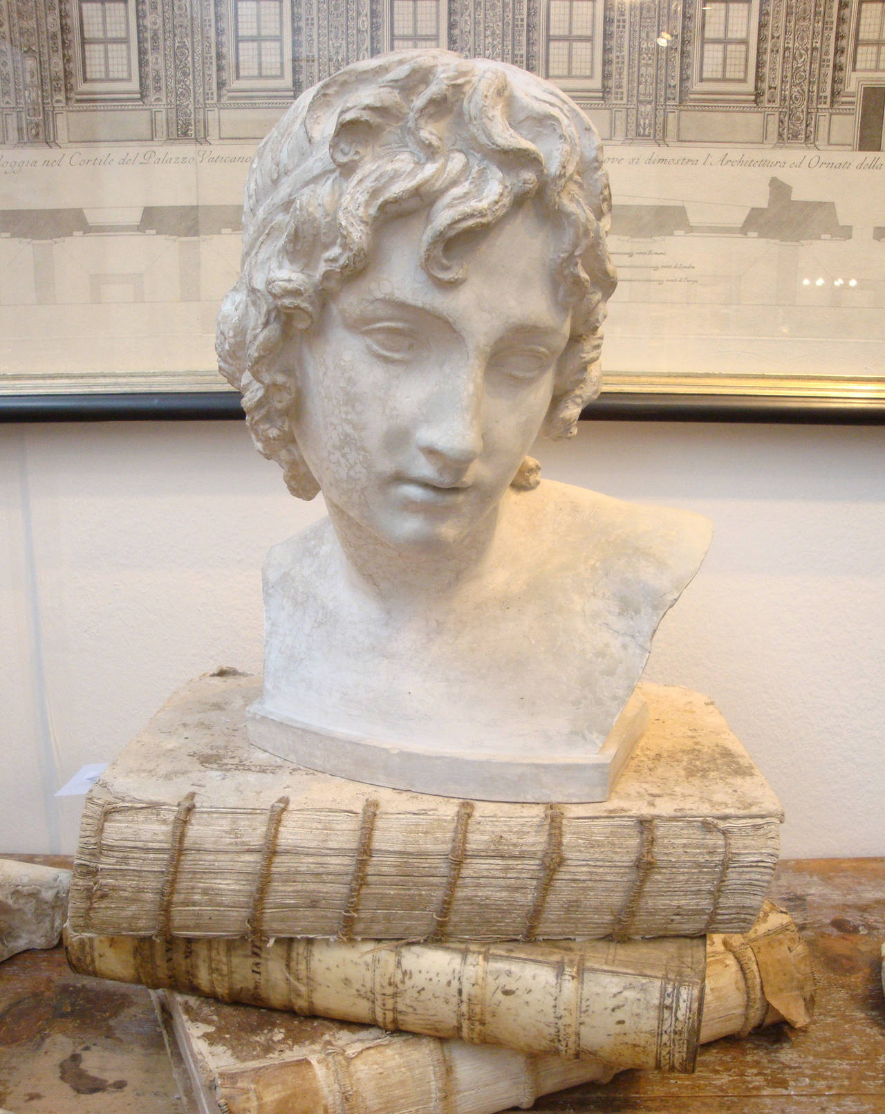 19th century plaster bust of a young Alexander the Great. It has a plaque on the back showing that it was in the Thorvaldsen Museum in Copenhagen. In the 19th century important Greek and Roman statues were often copied to be sent to museums