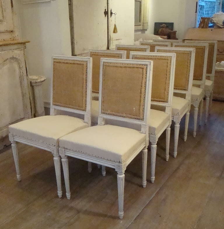 A set of 10 Swedish dining chairs circa 1910.  In the style of Louis XVI.