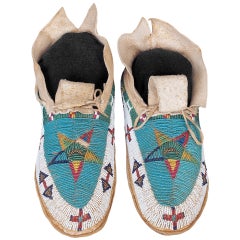 Antique 19th Century Cheyenne Plains Indian Beaded Pictorial Moccasins, circa 1890