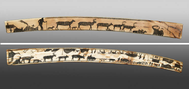 Ivory (likely walrus) with exquisite incised images on both sides.  Similar in format to a hunting tally, the panel depicts a story with images of everyday Eskimo life including humans, wild game and fowl, igloos and dog sleds.

Custom table