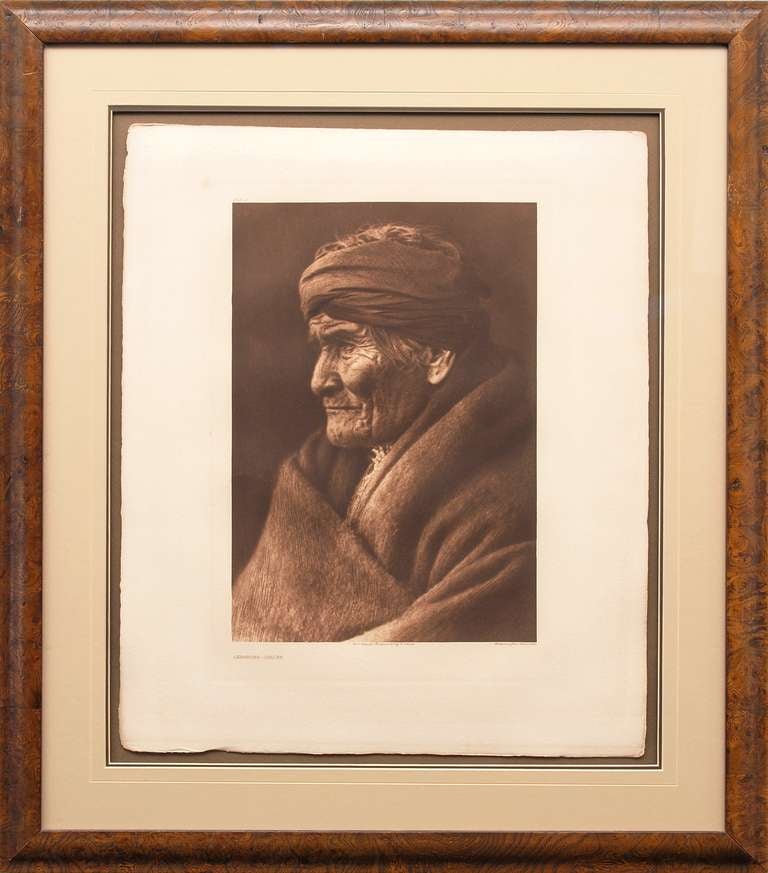 This haunting image of Geronimo (the infamous a Chiricahua Apache leader) is plate 2 from portfolio 1 of Edward S. Curtis' magnum opus work,  