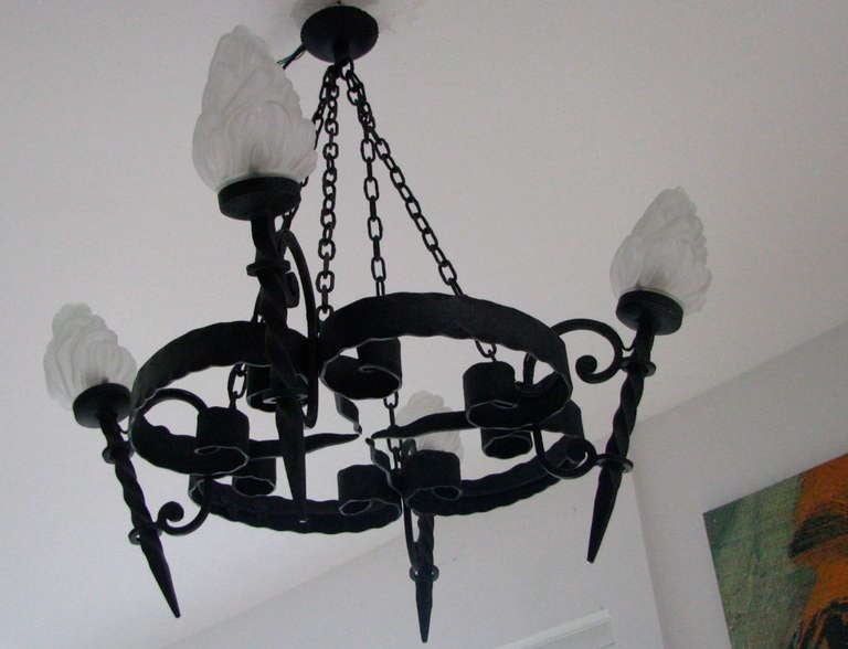 Gothic French Midcentury Chandelier Wrought Iron with Frosted Glass 1950