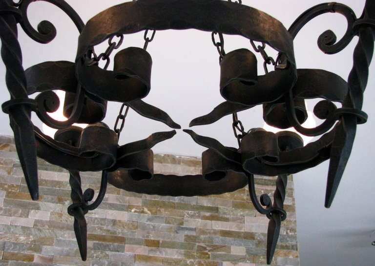 French Midcentury Chandelier Wrought Iron with Frosted Glass 1950 3