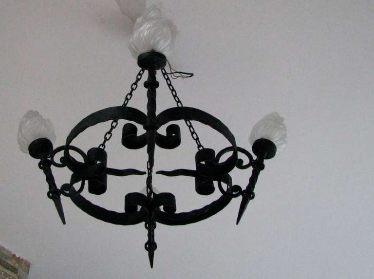 French Midcentury Chandelier Wrought Iron with Frosted Glass 1950 In Good Condition In Saarbruecken, DE