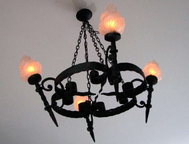French Midcentury Chandelier Wrought Iron with Frosted Glass 1950 2