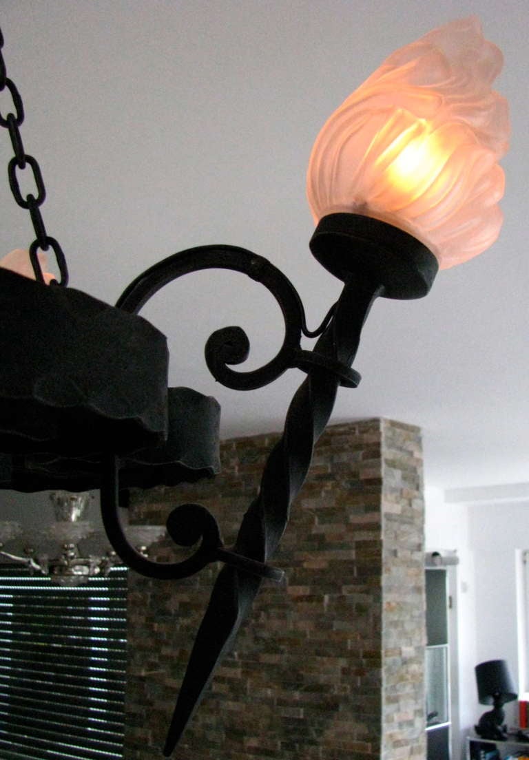 French Midcentury Chandelier Wrought Iron with Frosted Glass 1950 4