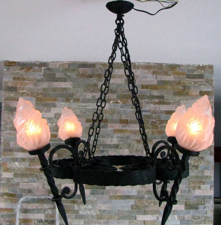 Mid-20th Century French Midcentury Chandelier Wrought Iron with Frosted Glass 1950