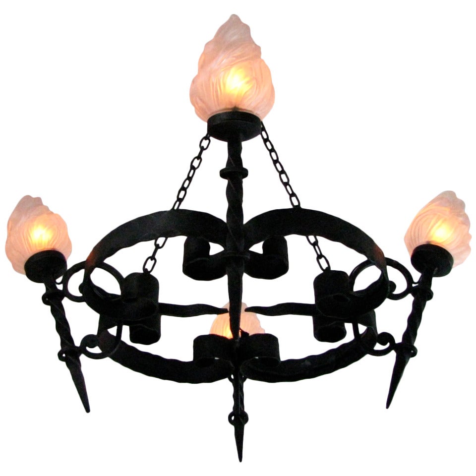 French Midcentury Chandelier Wrought Iron with Frosted Glass 1950