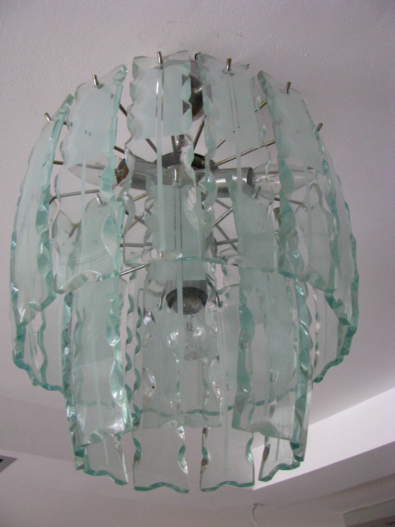 Italian Fontana Arte Style Frosted Glass Chandelier, Italy, 1960 For Sale