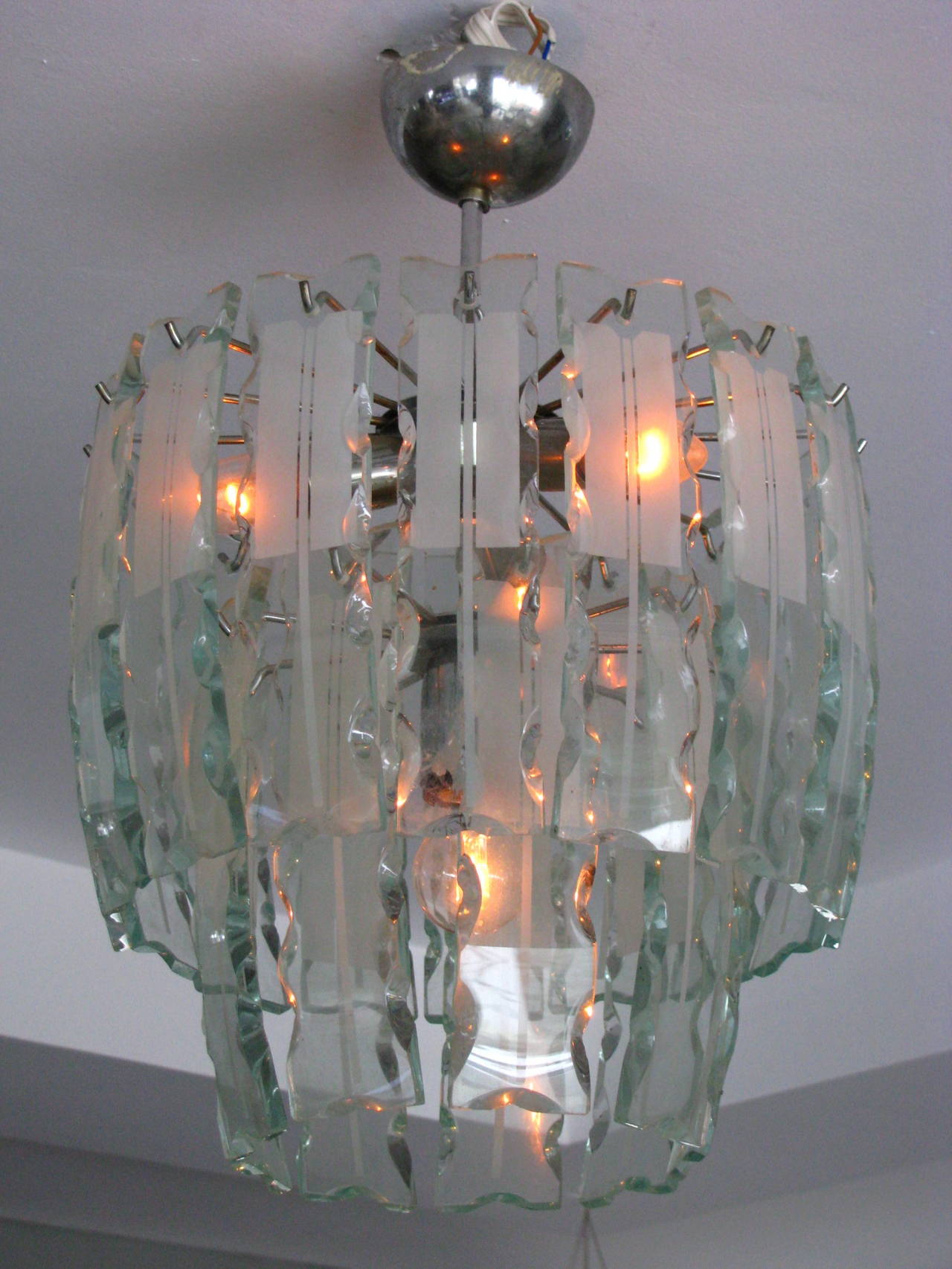 Fontana Arte Style Frosted Glass Chandelier, Italy, 1960 For Sale 2