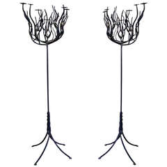 Pair of Art Deco Tree Shaped Wrought Iron Candle Holders Torchieres 5