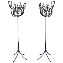Pair of Art Deco Tree Shaped Wrought Iron Candle Holders Torchieres