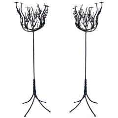 Vintage Pair of Art Deco Tree Shaped Wrought Iron Candle Holders Torchieres