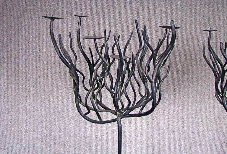 French Pair of Art Deco Tree Shaped Wrought Iron Candle Holders Torchieres For Sale