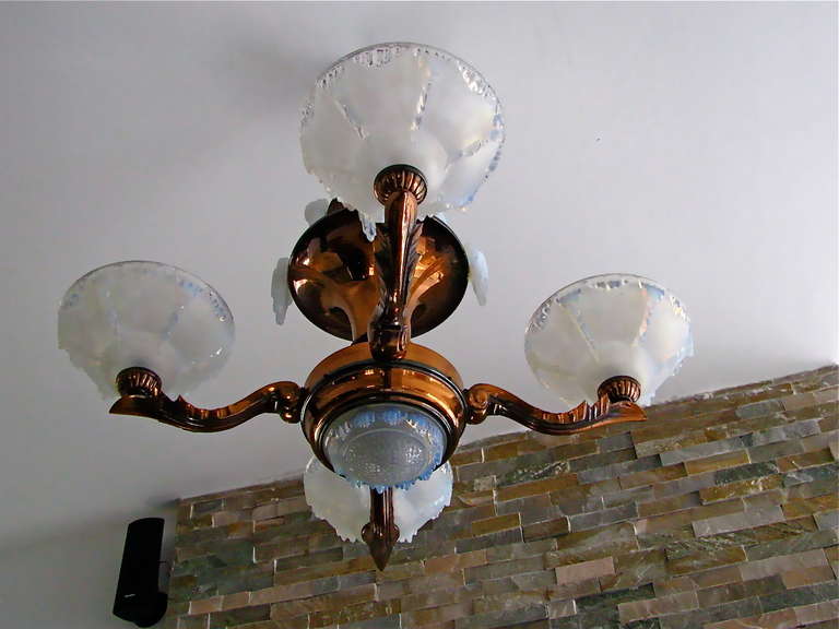 1935 French Art Deco Modernist Copper Chandelier with Ezan opalescent shades 3