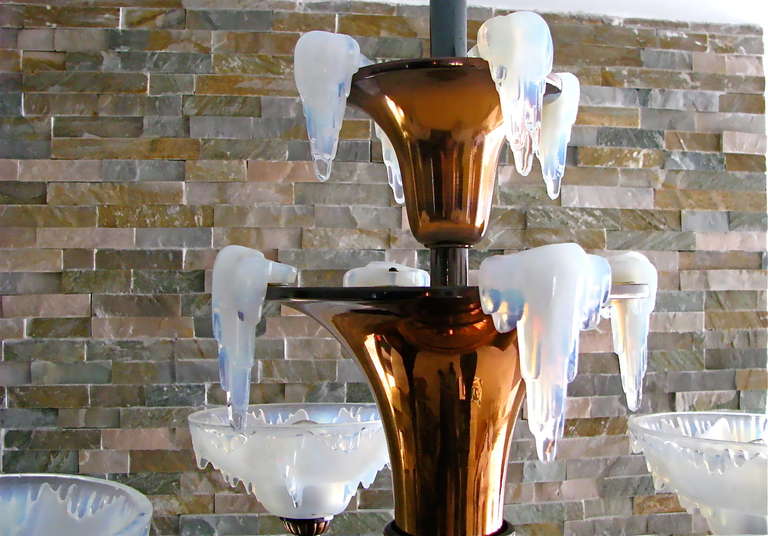 1935 French Art Deco Modernist Copper Chandelier with Ezan opalescent shades 2